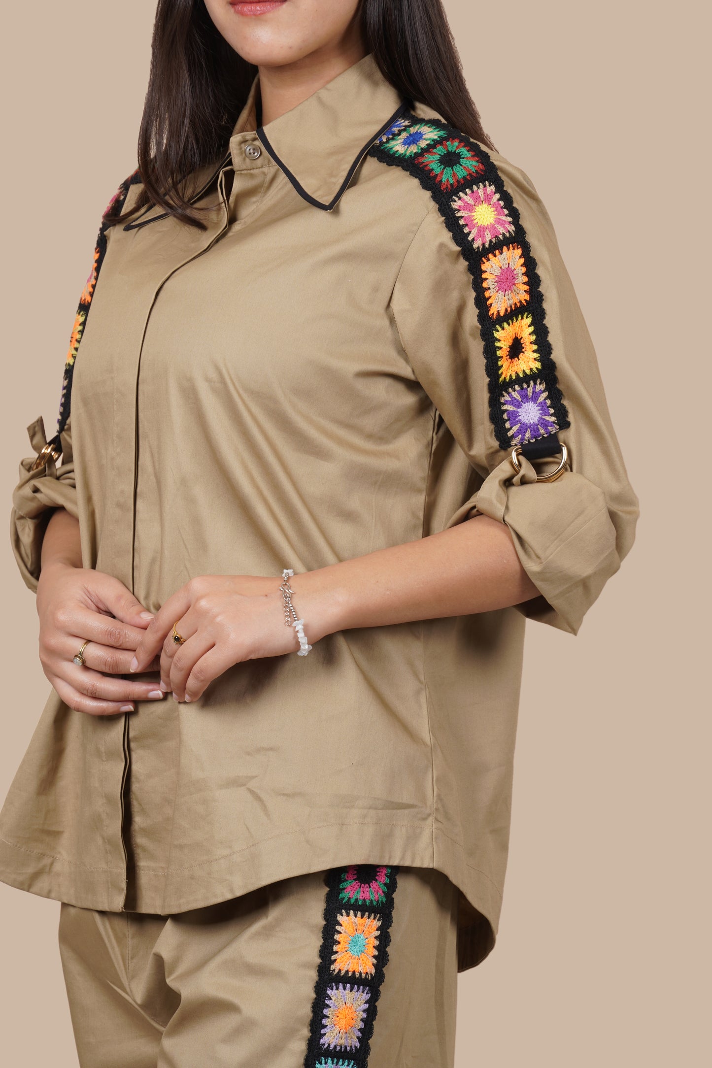 Ariya Threads Women’s Co-Ord Set with Handcrafted Crochet Detail | Shirt & Straight Pants
