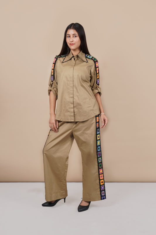 Ariya Threads Women’s Co-Ord Set with Handcrafted Crochet Detail | Shirt & Straight Pants