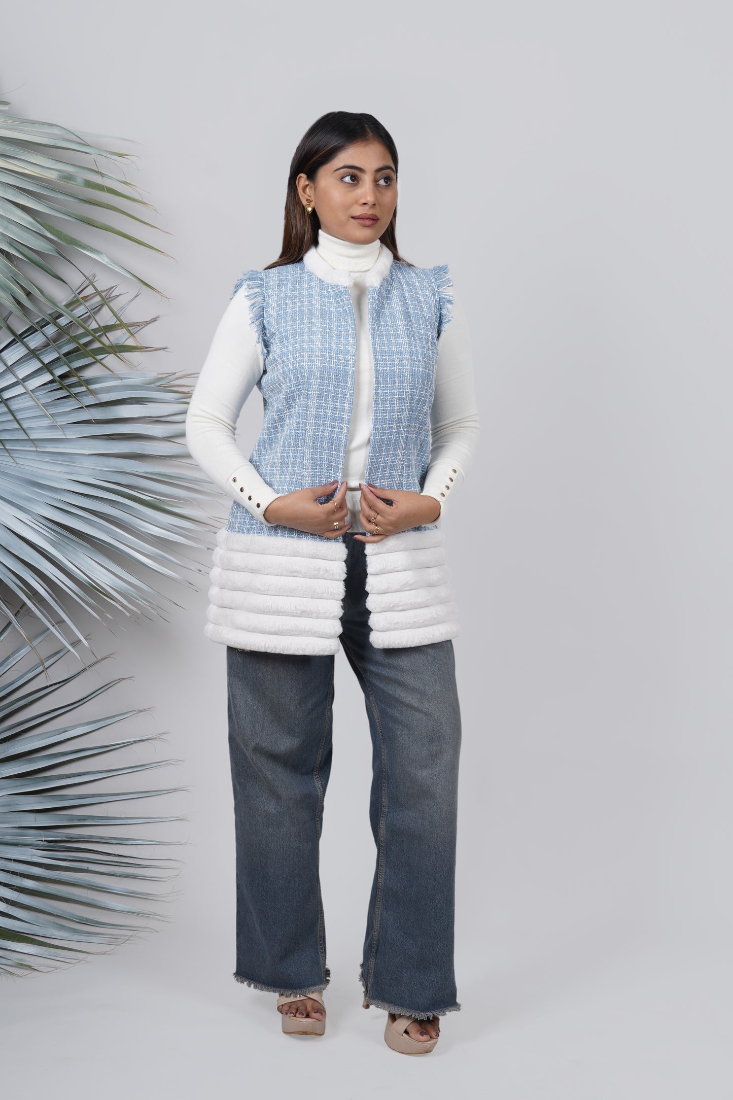 Ariya Threads Blue Frost Tweed Fur Jacket – Winter Warm Stylish