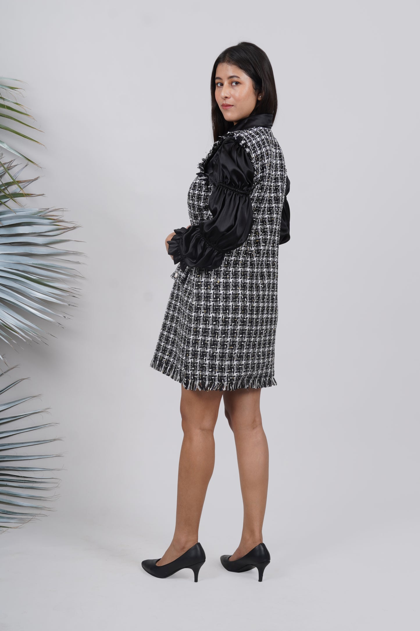 Ariya Threads Elegant Monochrome Tweed Dress with Stylish Puff Sleeves