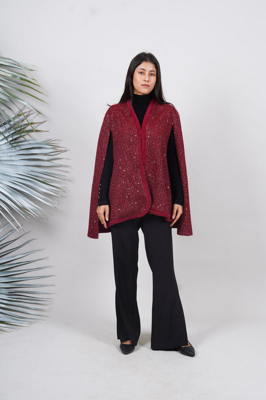 Ariya Threads Ruby Sparkle Fur-Trim Cape – Luxury Winter Party Wear