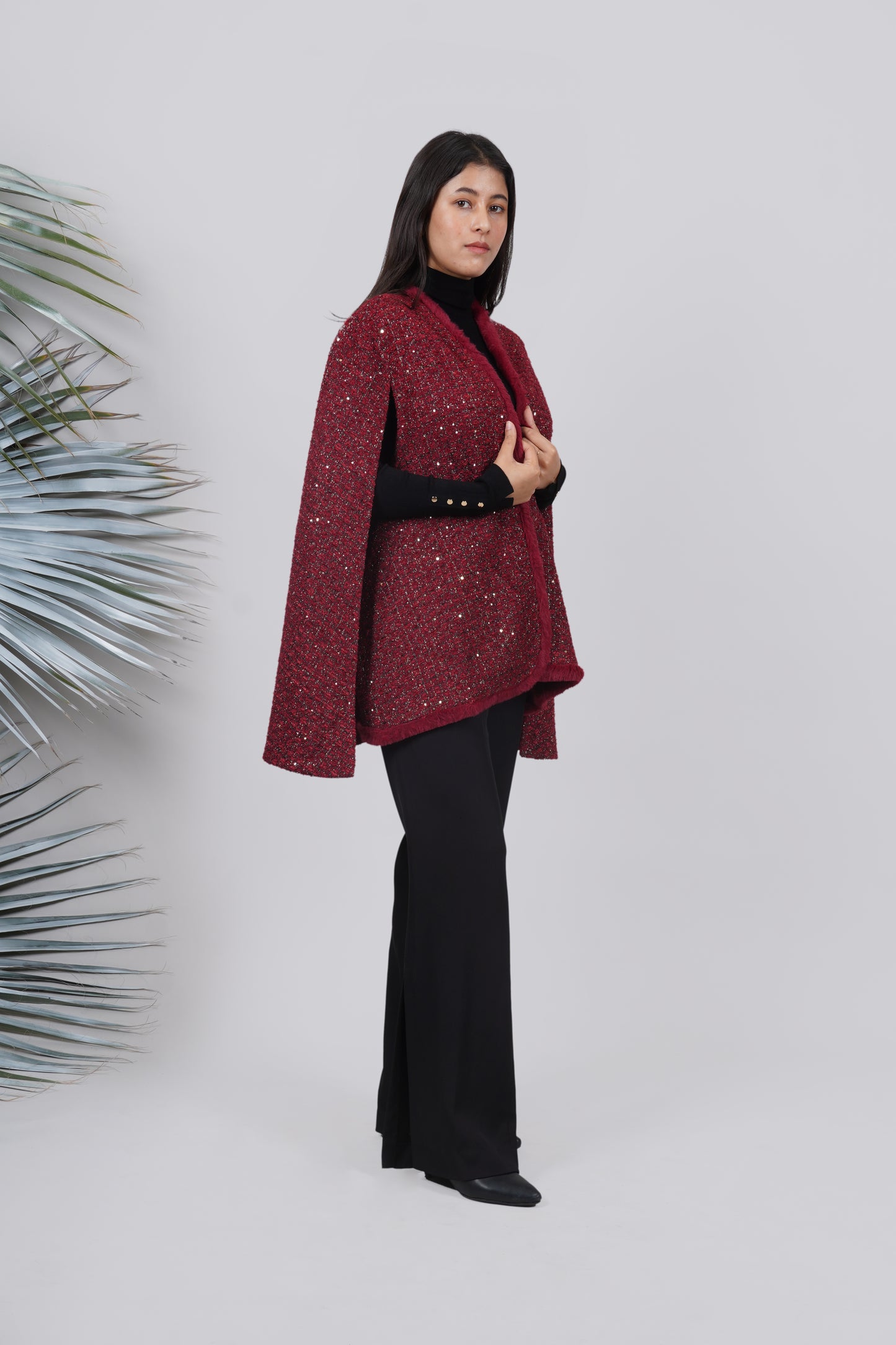 Ariya Threads Ruby Sparkle Fur-Trim Cape – Luxury Winter Party Wear