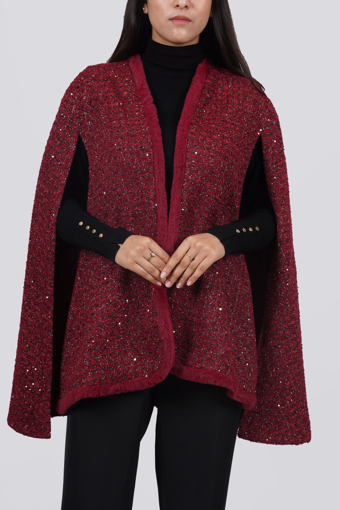 Ariya Threads Ruby Sparkle Fur-Trim Cape – Luxury Winter Party Wear