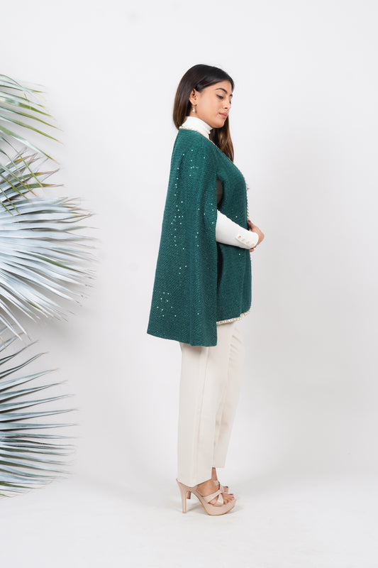 Ariya Threads Green Frost Tweed Overlay Cape – Stylish Winter Outerwear