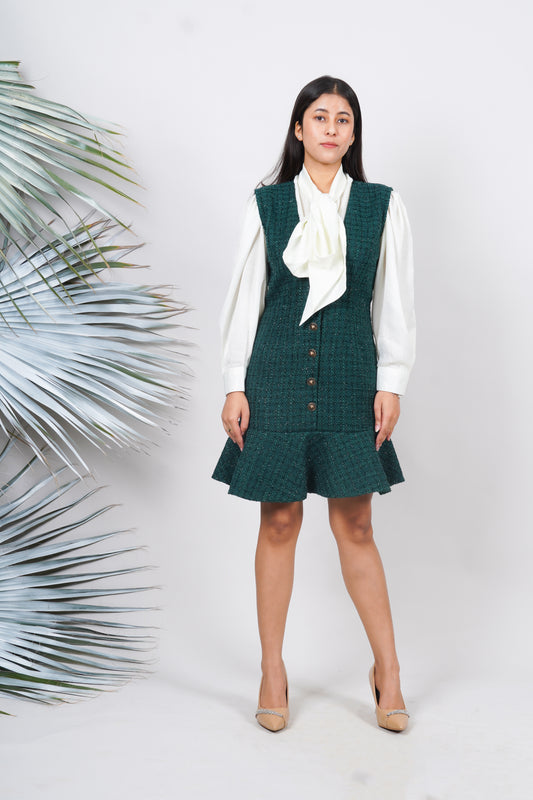Ariya Threads Emerald Flounce Tweed Dress for Elegant Modern Styling