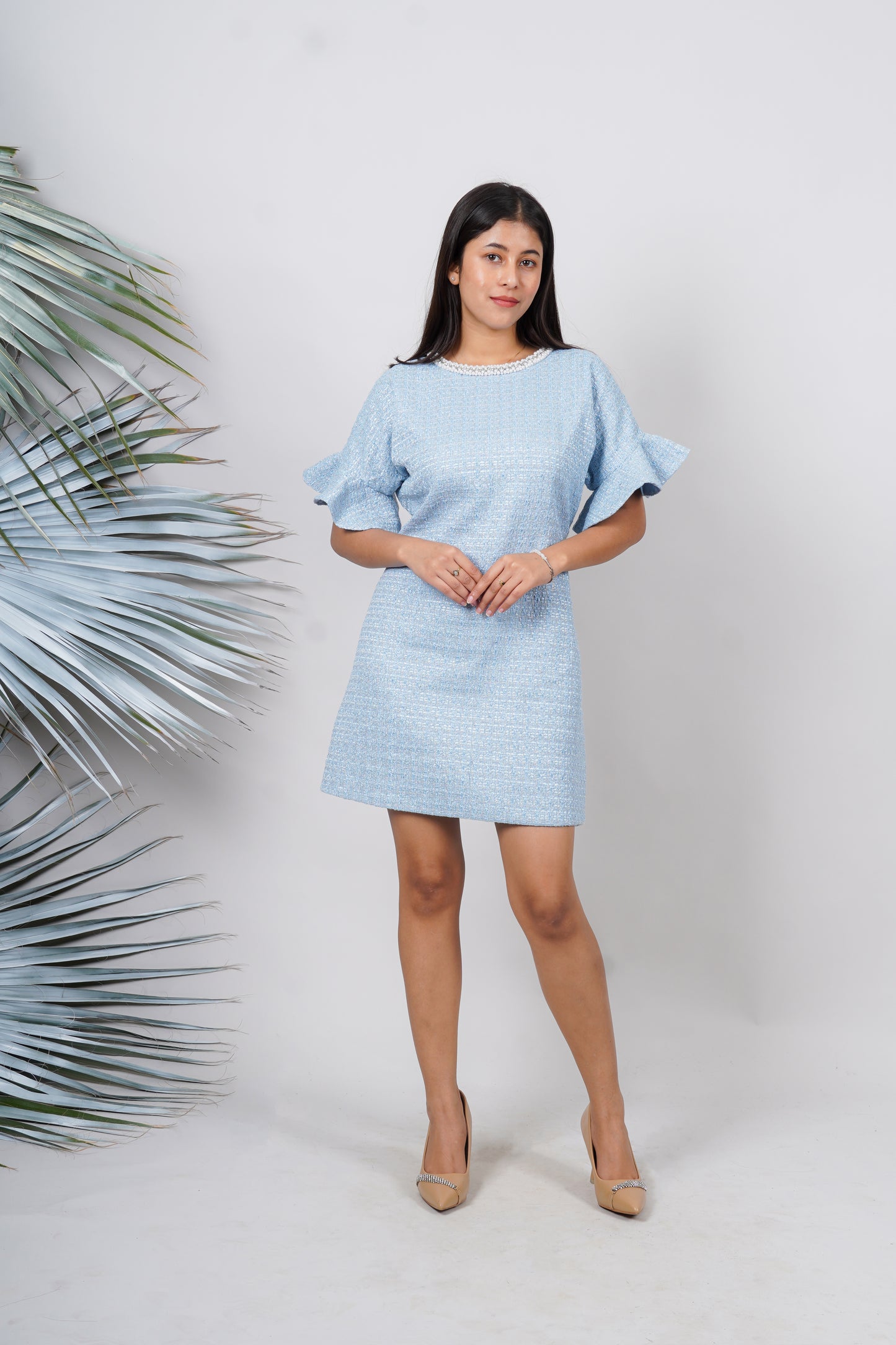 Ariya Threads Women’s Sky Blue Textured Ruffle-Sleeve Mini Shift Dress