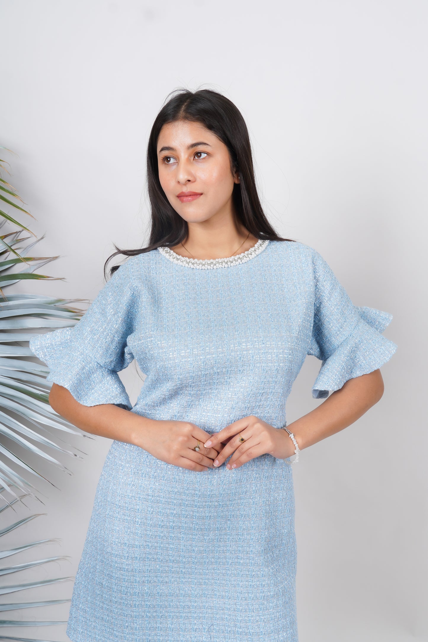 Ariya Threads Women’s Sky Blue Textured Ruffle-Sleeve Mini Shift Dress