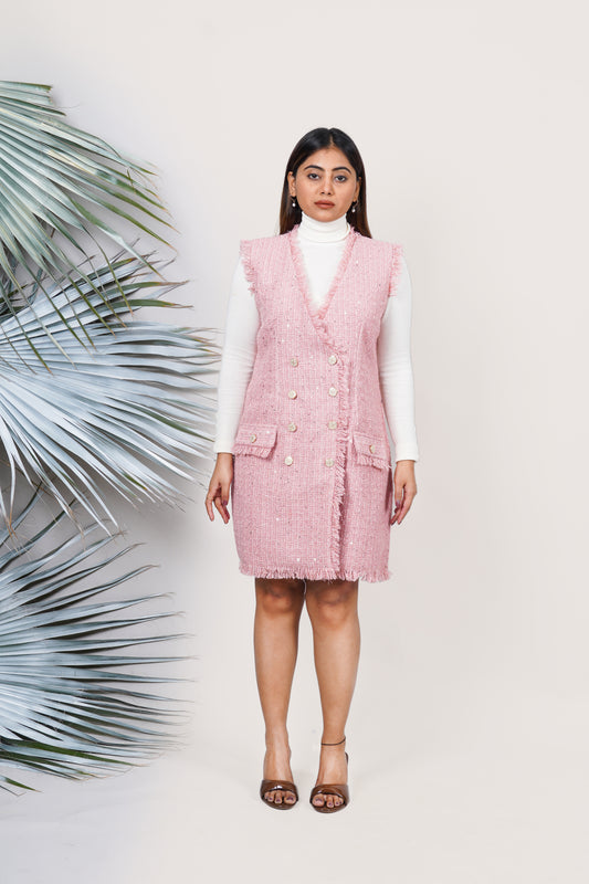 Ariya Threads Women’s Blush Pink Tweed Double-Breasted Sleeveless Blazer Dress