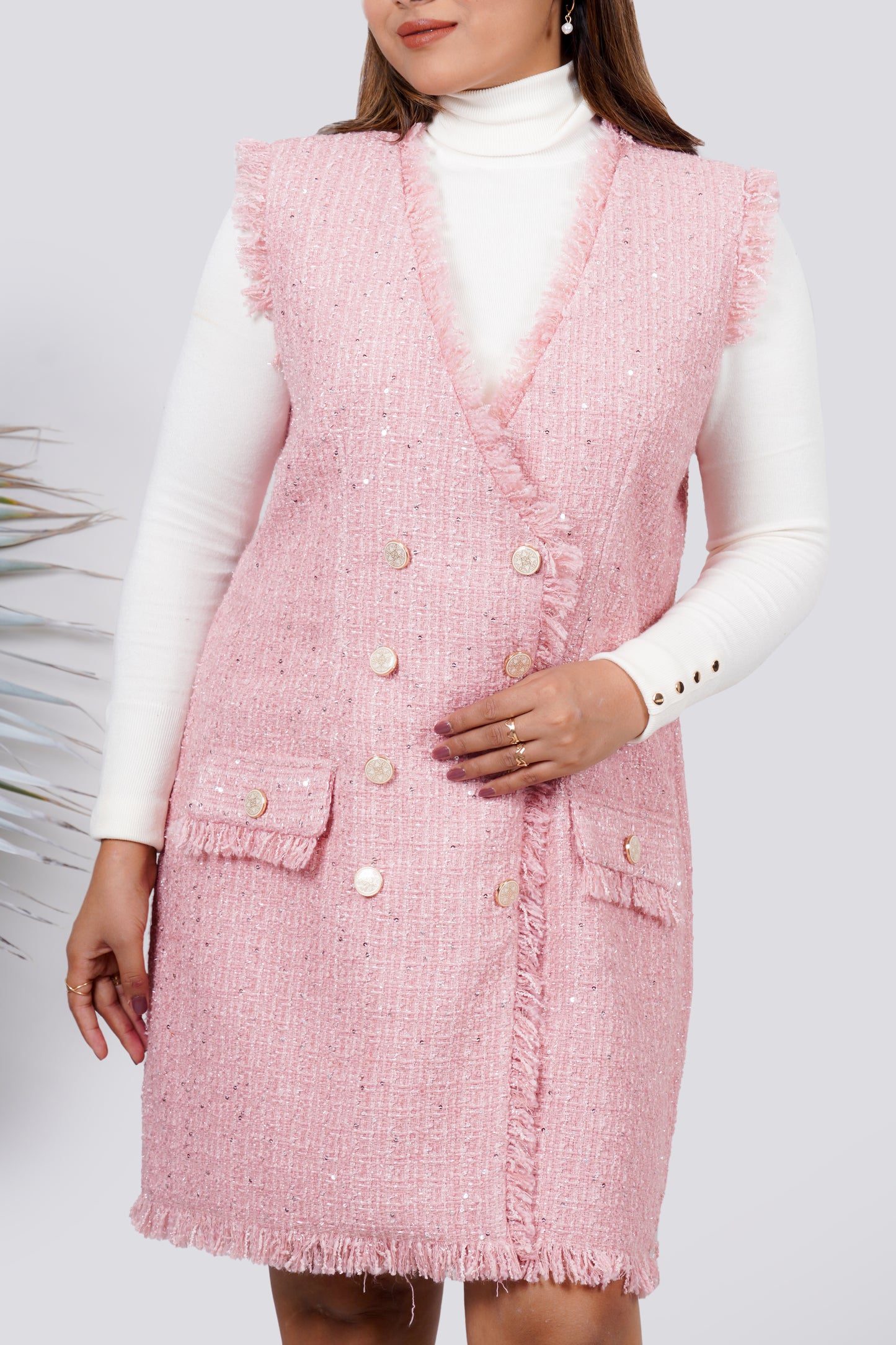 Ariya Threads Women’s Blush Pink Tweed Double-Breasted Sleeveless Blazer Dress