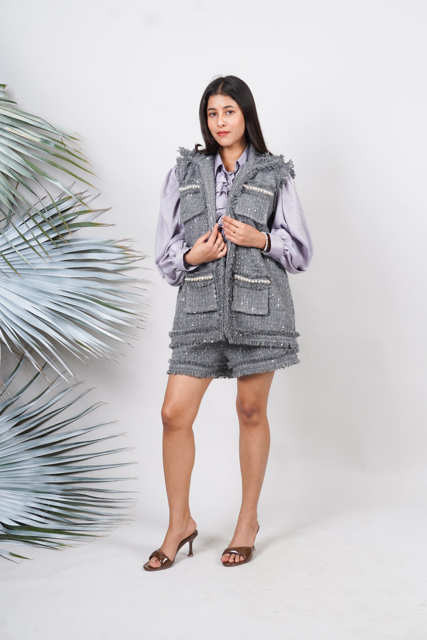 Ariya Threads Grey Glimmer Pearl Trim Co-Ord | Elegant Set