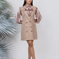 Ariya Threads Golden Beige Luxe Tweed Dress with Elegant Pearl Detailing