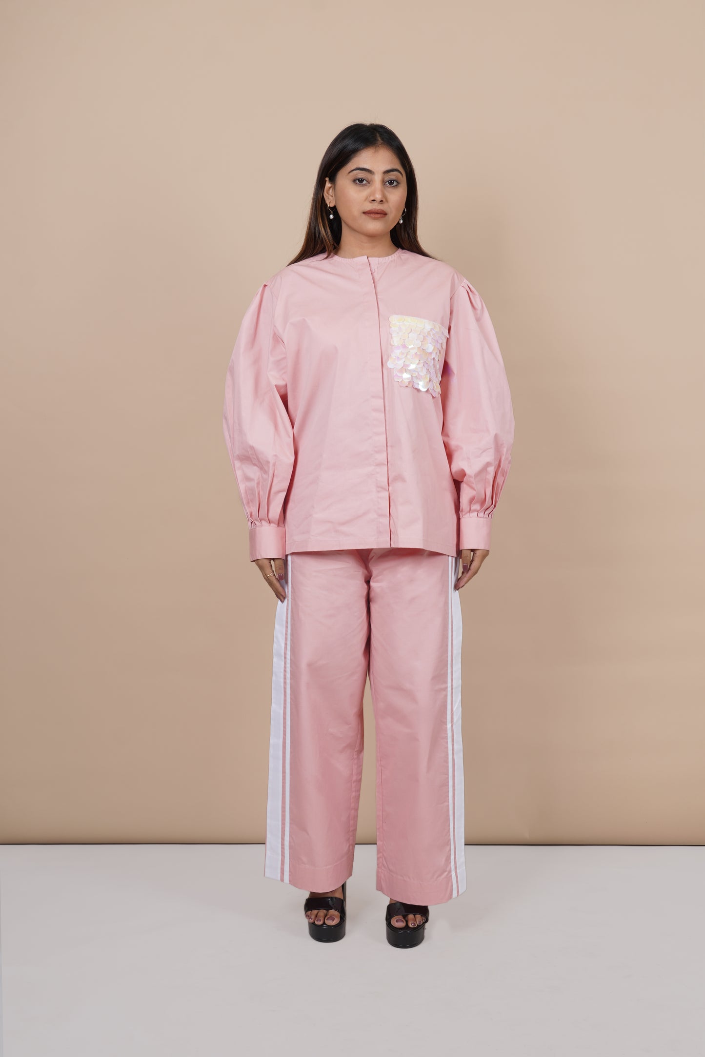 Ariya Threads Women’s Blush Pink Co-Ord Set with Puff Sleeves & Sequin Pocket