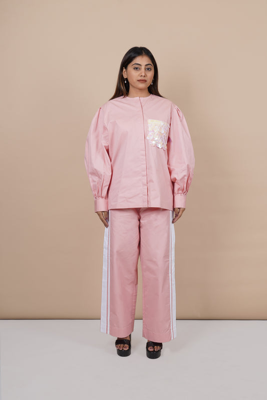 Ariya Threads Women’s Blush Pink Co-Ord Set with Puff Sleeves & Sequin Pocket