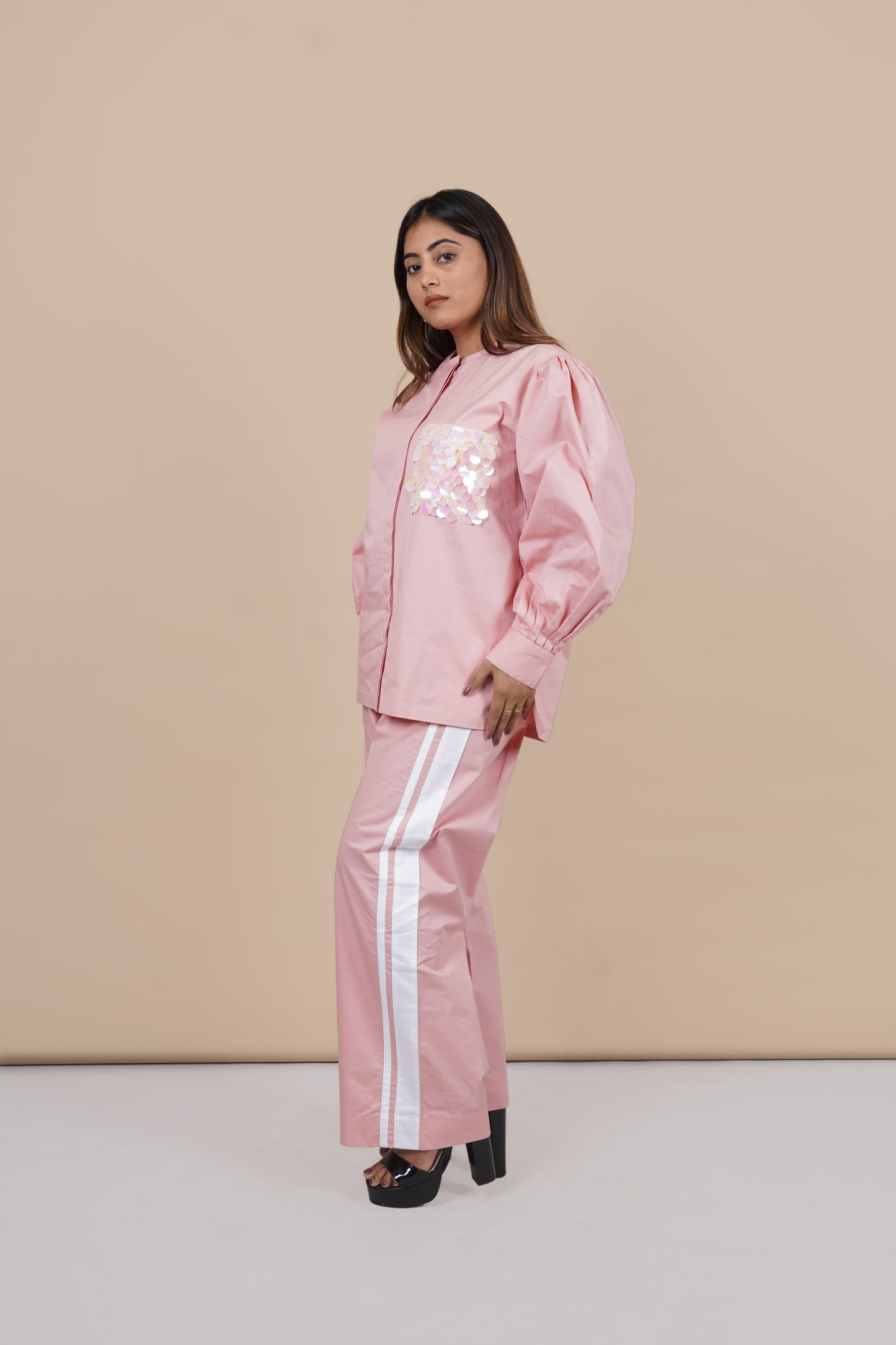 Ariya Threads Women’s Blush Pink Co-Ord Set with Puff Sleeves & Sequin Pocket