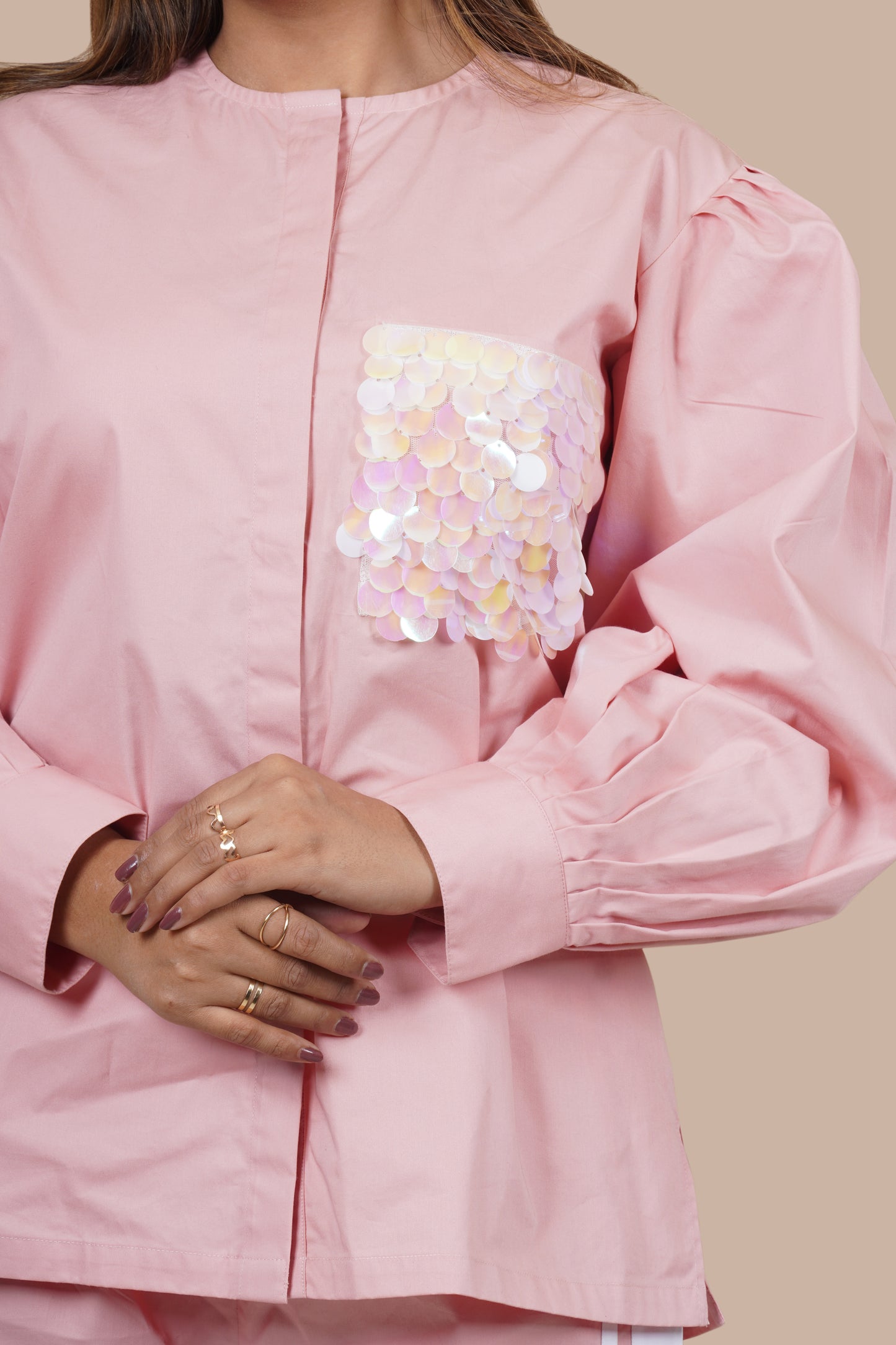 Ariya Threads Women’s Blush Pink Co-Ord Set with Puff Sleeves & Sequin Pocket