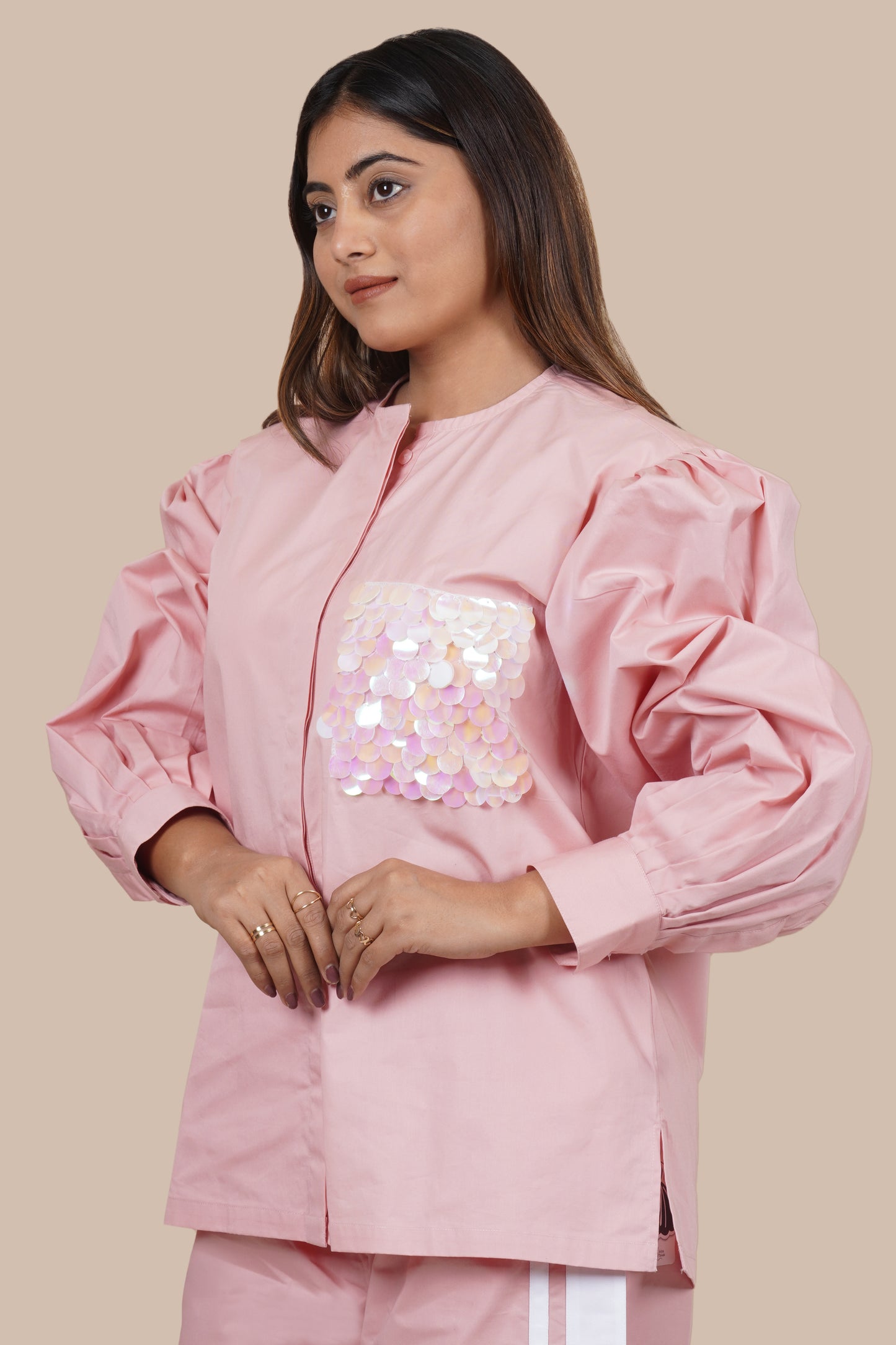 Ariya Threads Women’s Blush Pink Co-Ord Set with Puff Sleeves & Sequin Pocket