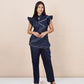 Ariya Threads Women’s Navy Blue Asymmetric Ruffle Top & Straight-Leg Pants Co-ord Set