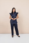 Ariya Threads Women’s Navy Blue Asymmetric Ruffle Top & Straight-Leg Pants Co-ord Set