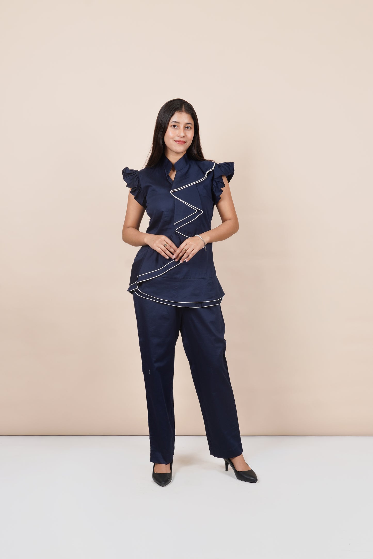 Ariya Threads Women’s Navy Blue Asymmetric Ruffle Top & Straight-Leg Pants Co-ord Set