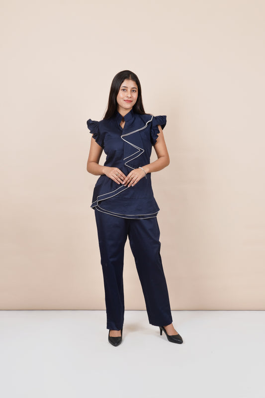 Ariya Threads Women’s Navy Blue Asymmetric Ruffle Top & Straight-Leg Pants Co-ord Set