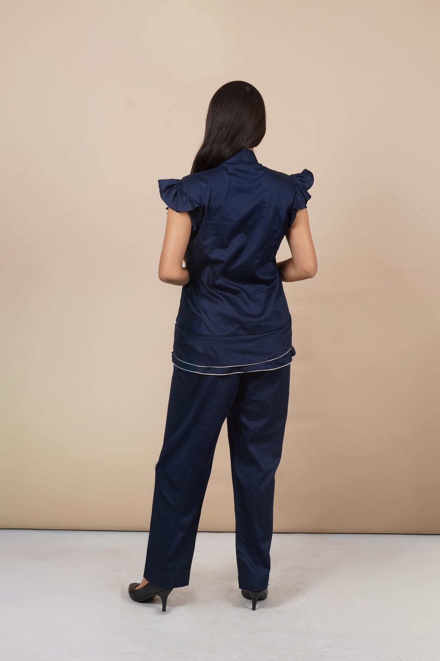 Ariya Threads Women’s Navy Blue Asymmetric Ruffle Top & Straight-Leg Pants Co-ord Set