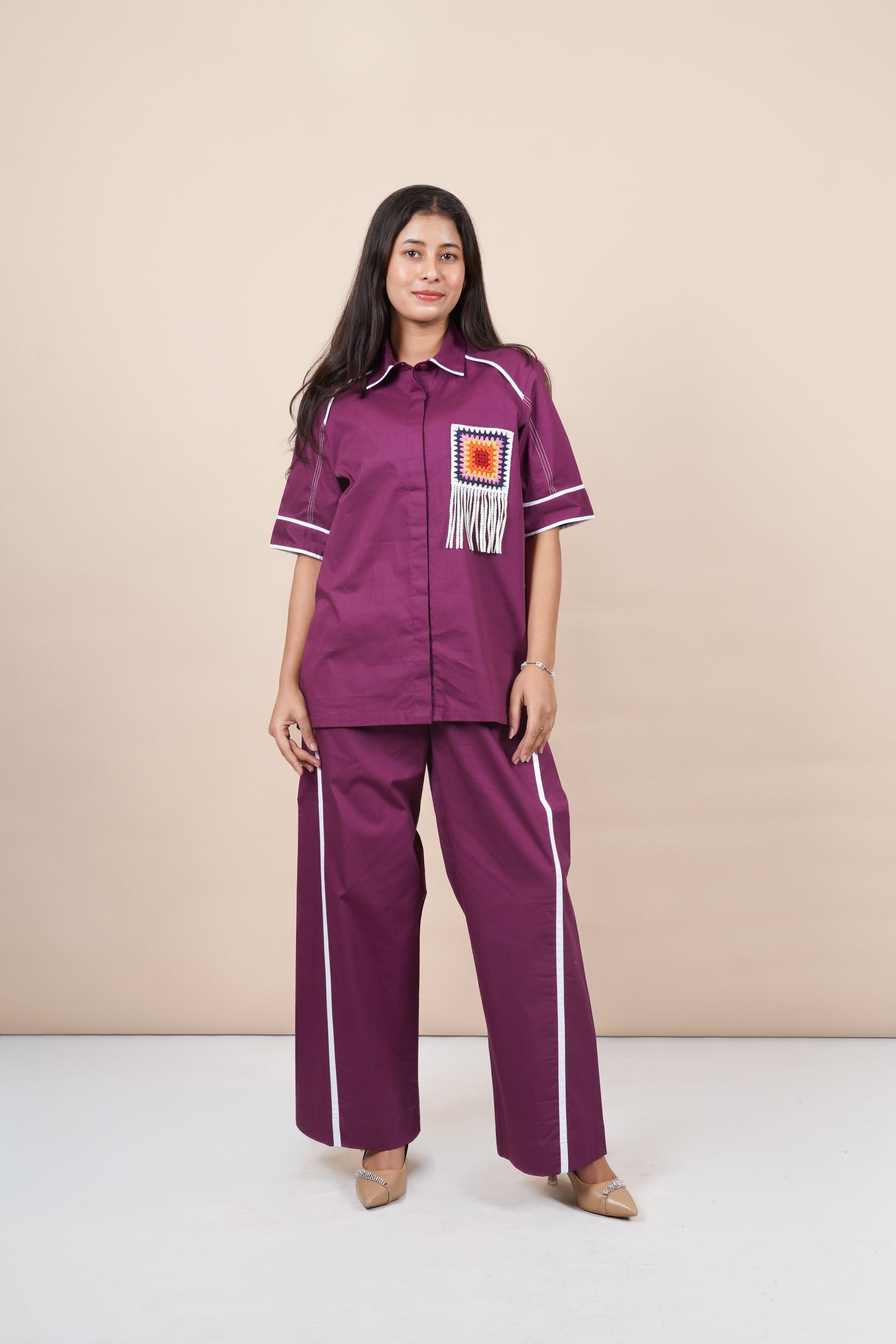 Ariya Threads Women’s Statement Co-Ord Set with Handcrafted Crochet Patch – Wine