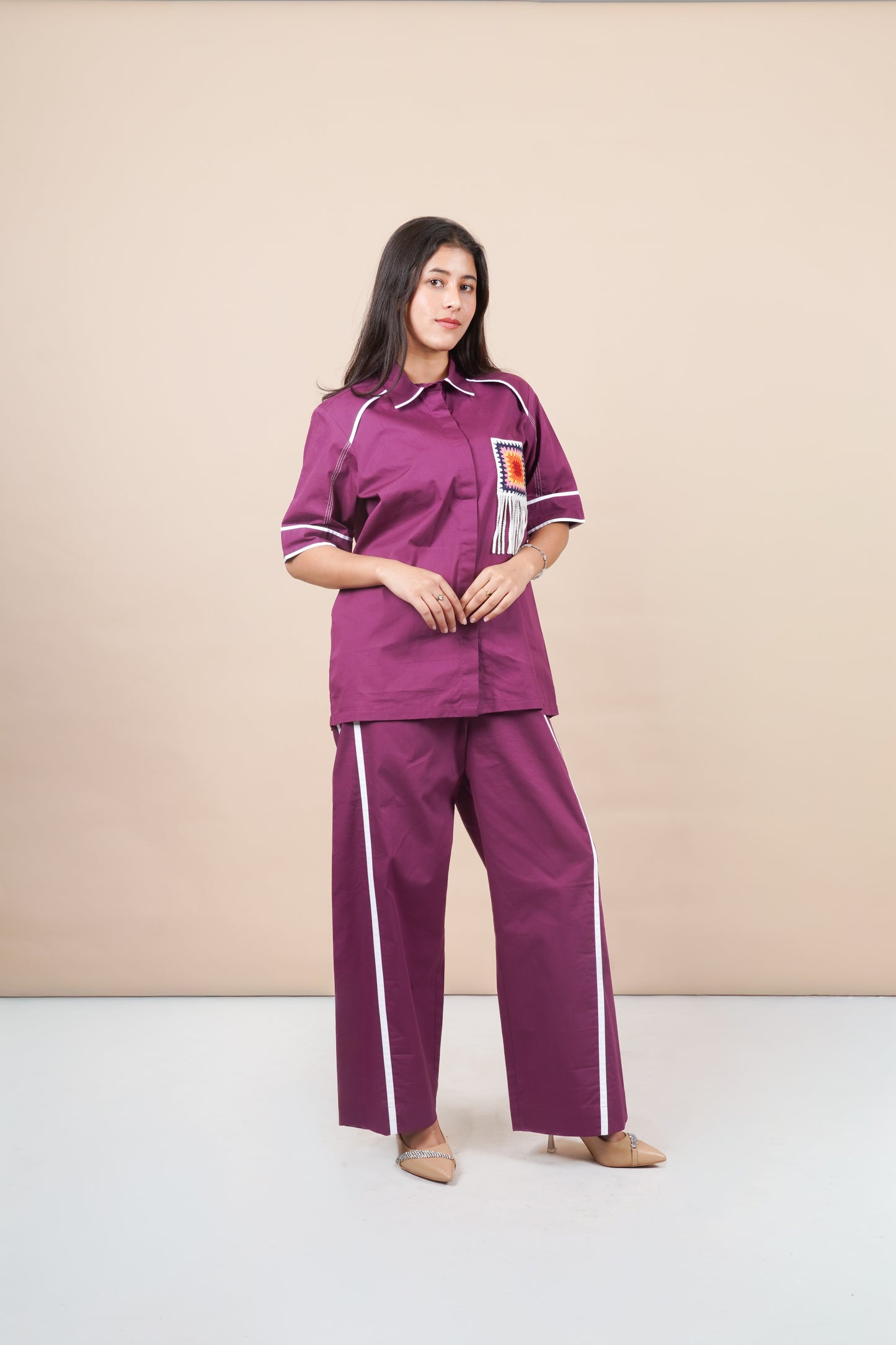 Ariya Threads Women’s Statement Co-Ord Set with Handcrafted Crochet Patch – Wine