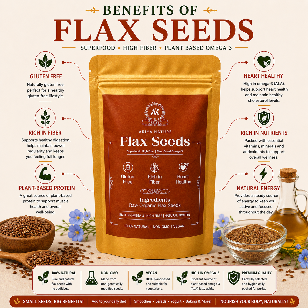 Ariya Nature Flax Seeds 200 Gram| Premium Natural Non-GMO Raw Flax Seeds
