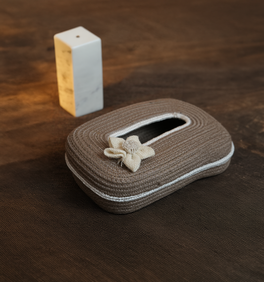 Ariya Cotton Tissue Box Holder – Oval Beige - White Line