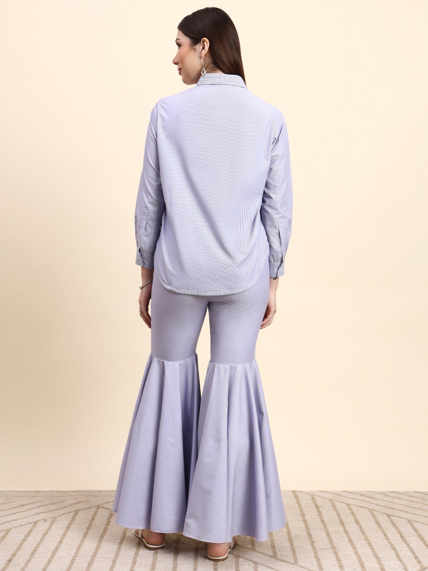 Ariya Threads Women’s Lavender Embroidered Shirt & Ruffle Flared Pants Co-ord Set