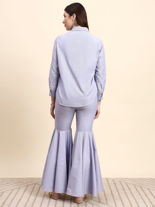 Ariya Threads Women’s Lavender Embroidered Shirt & Ruffle Flared Pants Co-ord Set