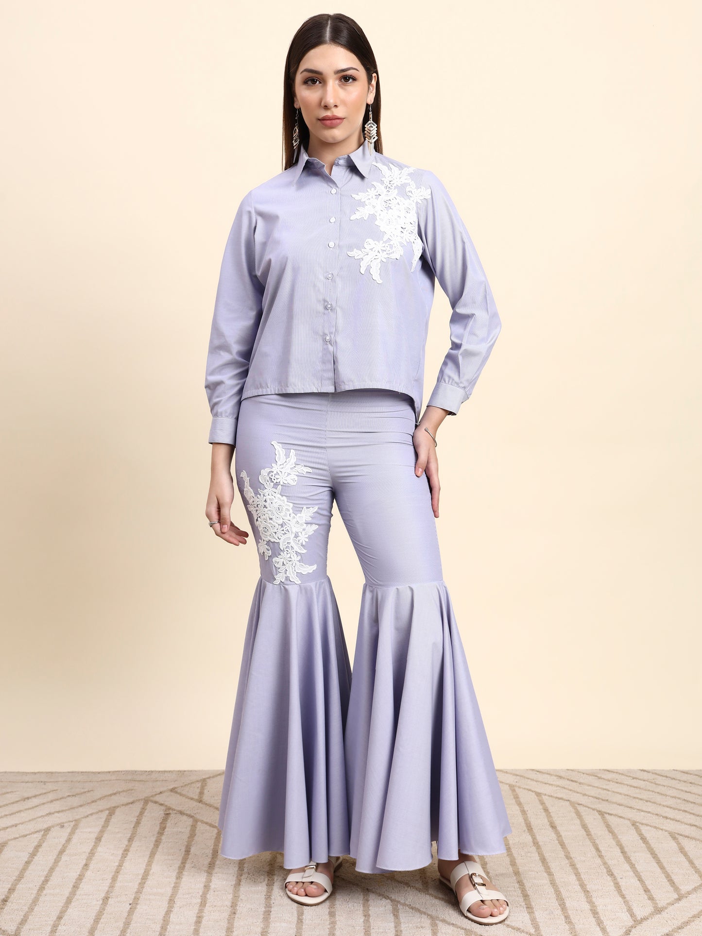 Ariya Threads Women’s Lavender Embroidered Shirt & Ruffle Flared Pants Co-ord Set