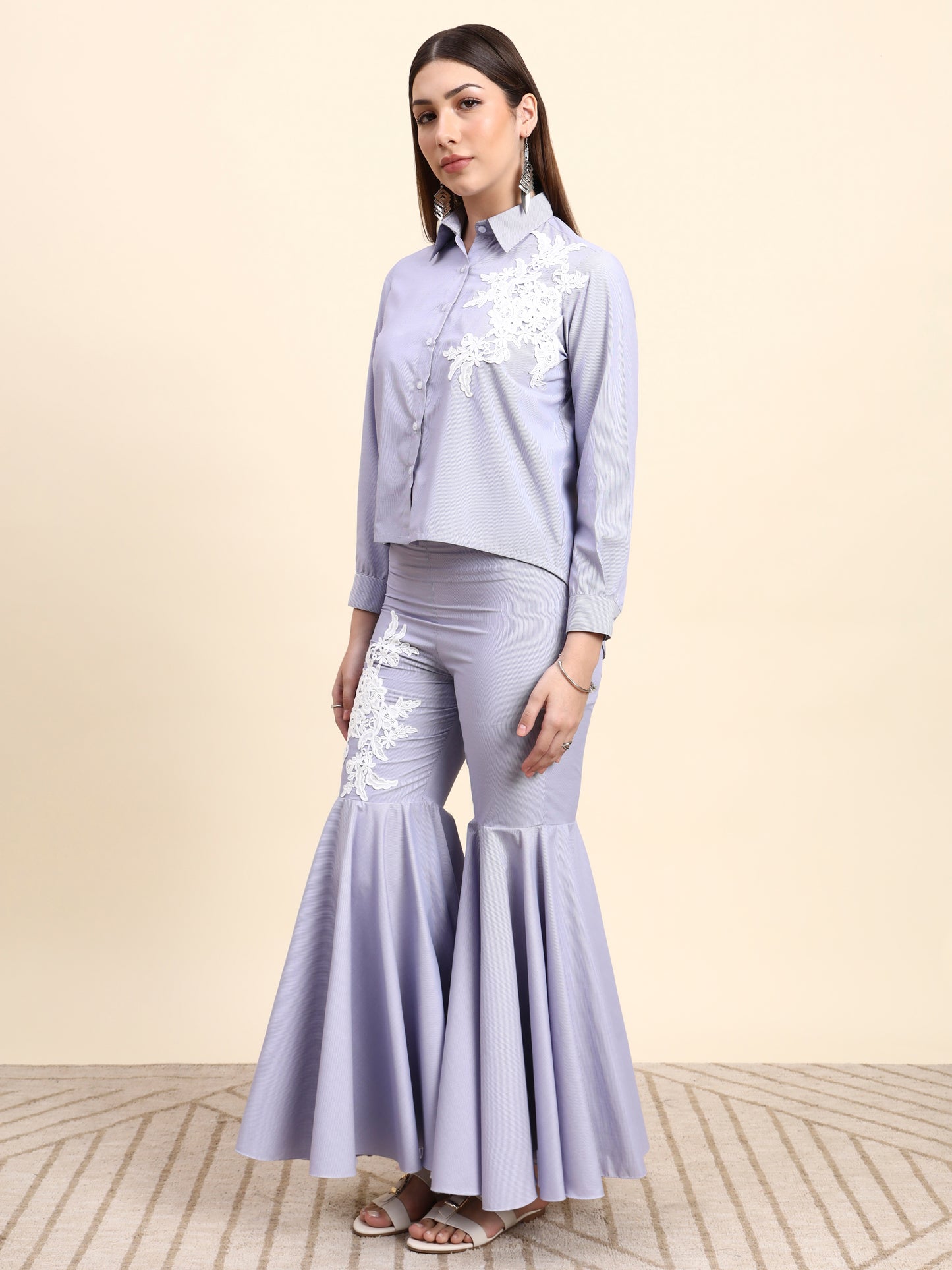 Ariya Threads Women’s Lavender Embroidered Shirt & Ruffle Flared Pants Co-ord Set