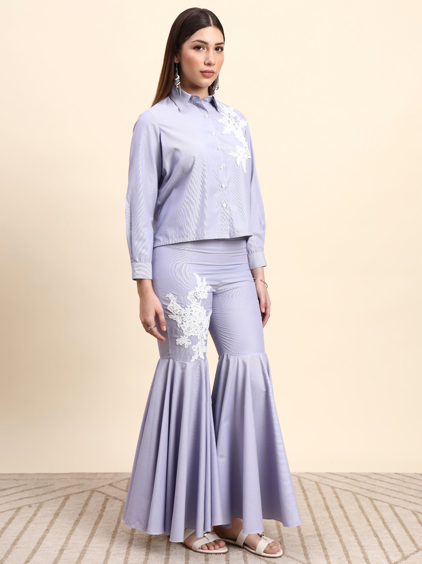 Ariya Threads Women’s Lavender Embroidered Shirt & Ruffle Flared Pants Co-ord Set