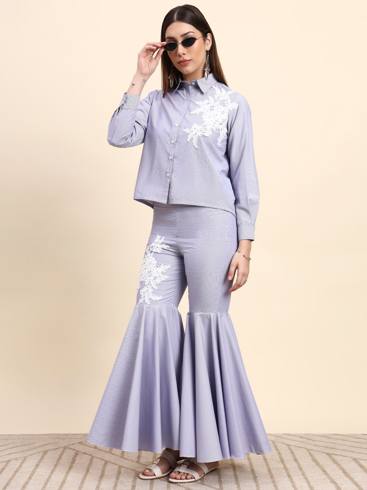 Ariya Threads Women’s Lavender Embroidered Shirt & Ruffle Flared Pants Co-ord Set