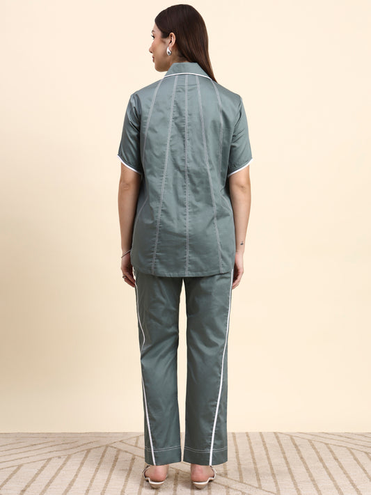 Ariya Threads Women’s Sage Green Contrast-Piping Shirt & Straight-Leg Pants Co-ord Set