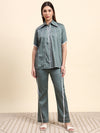 Ariya Threads Women’s Sage Green Contrast-Piping Shirt & Straight-Leg Pants Co-ord Set