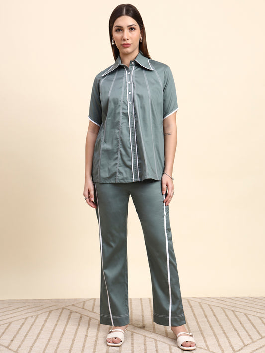 Ariya Threads Women’s Sage Green Contrast-Piping Shirt & Straight-Leg Pants Co-ord Set