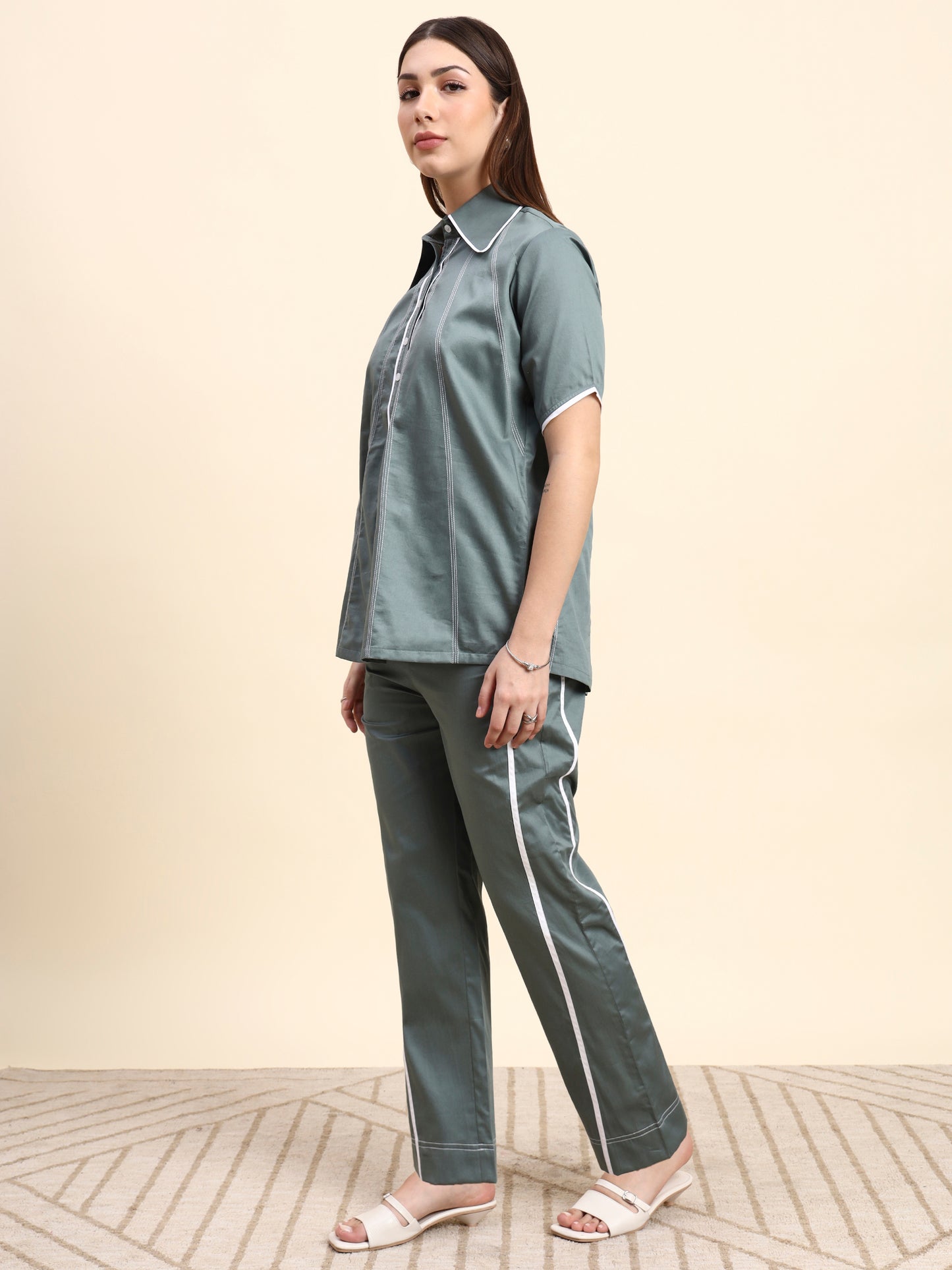 Ariya Threads Women’s Sage Green Contrast-Piping Shirt & Straight-Leg Pants Co-ord Set