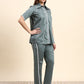Ariya Threads Women’s Sage Green Contrast-Piping Shirt & Straight-Leg Pants Co-ord Set