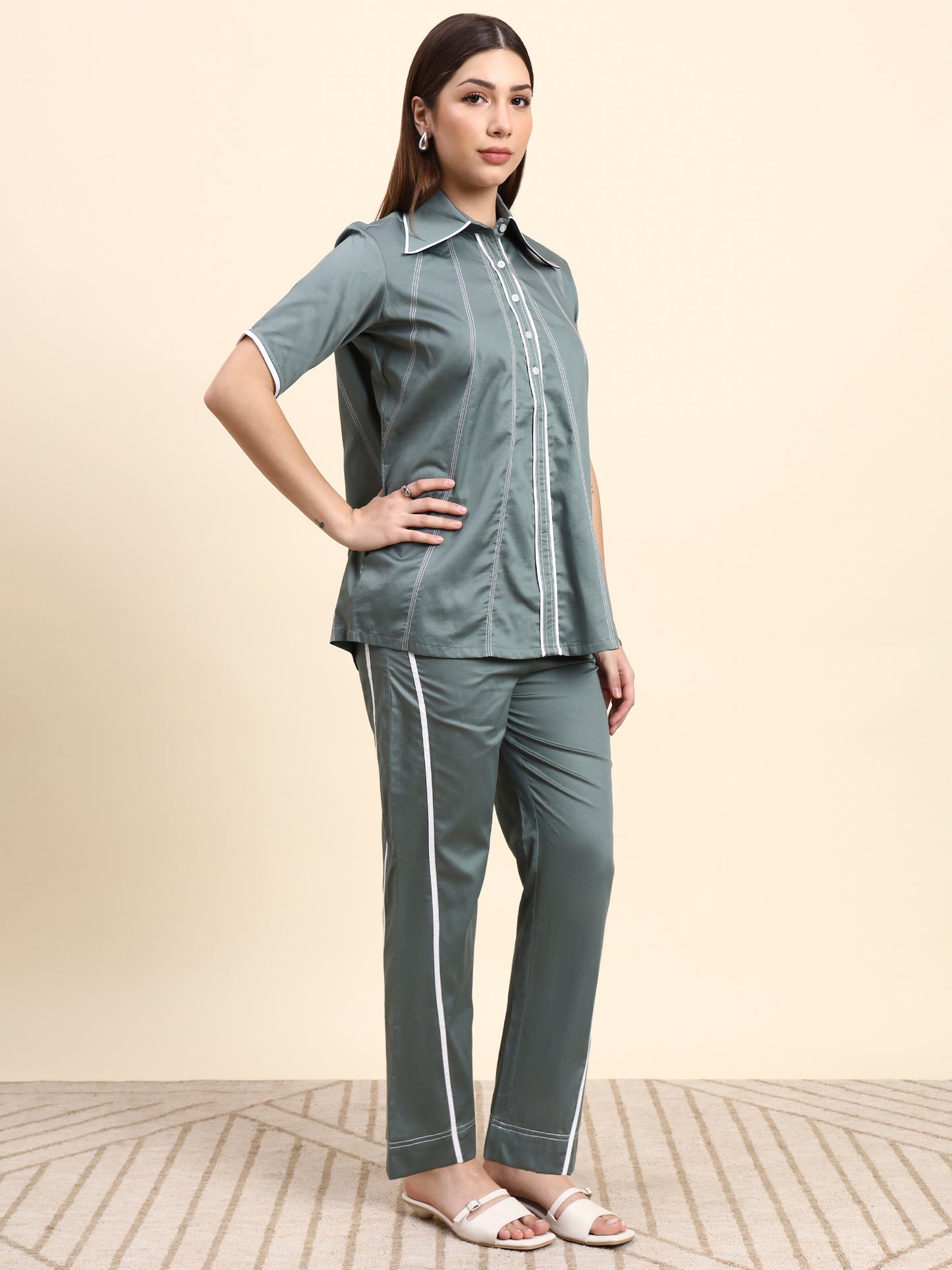 Ariya Threads Women’s Sage Green Contrast-Piping Shirt & Straight-Leg Pants Co-ord Set