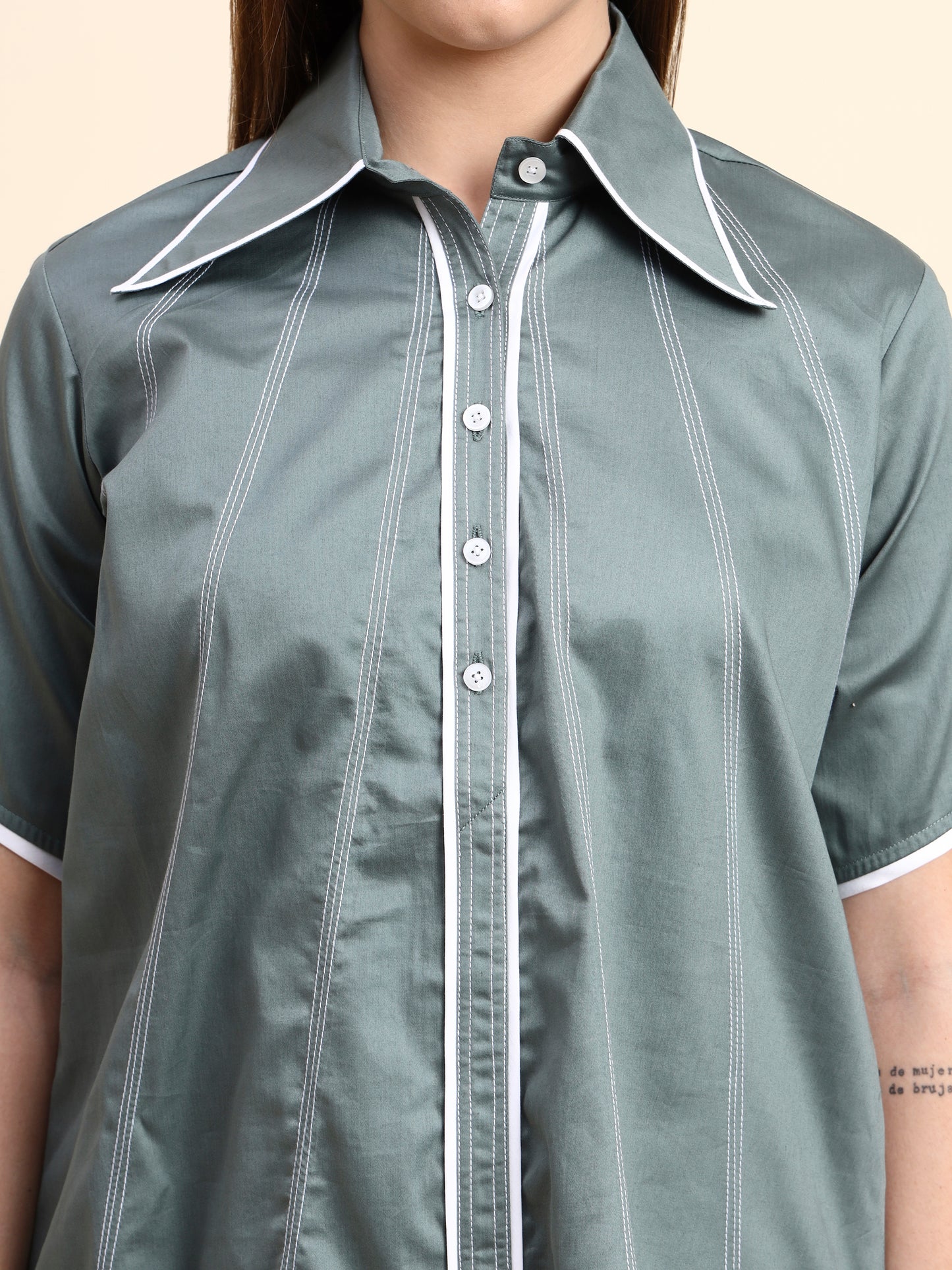 Ariya Threads Women’s Sage Green Contrast-Piping Shirt & Straight-Leg Pants Co-ord Set