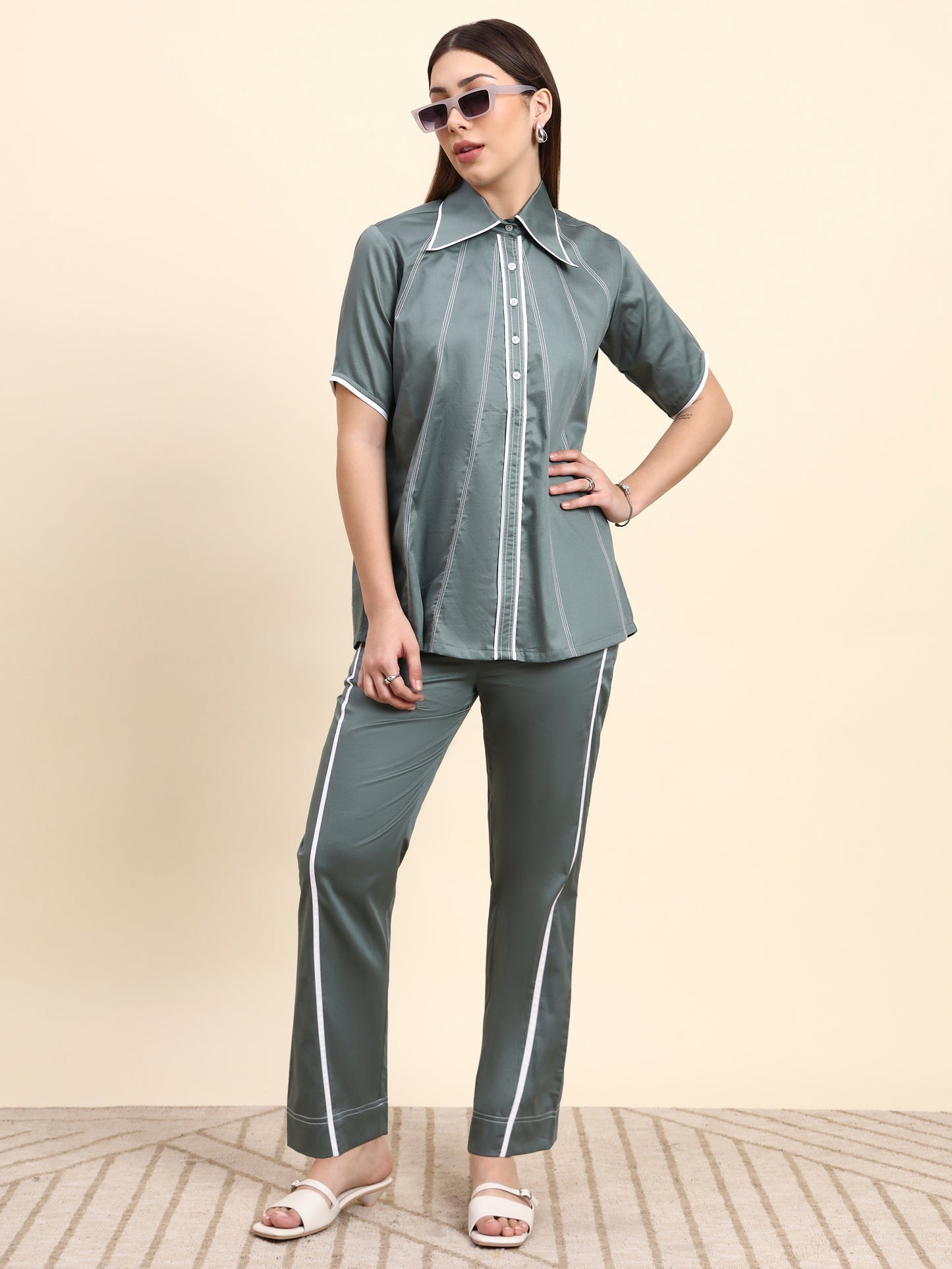 Ariya Threads Women’s Sage Green Contrast-Piping Shirt & Straight-Leg Pants Co-ord Set