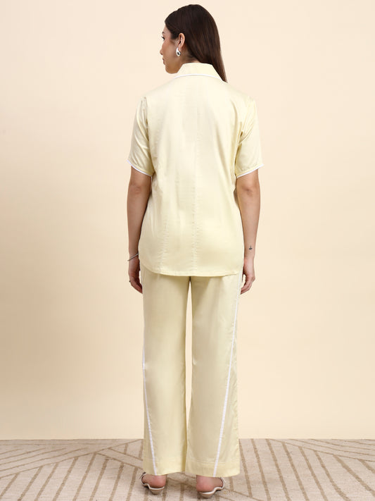 Ariya Threads Women’s Butter Yellow Contrast-Piping Shirt & Straight-Leg Pants Co-ord Set
