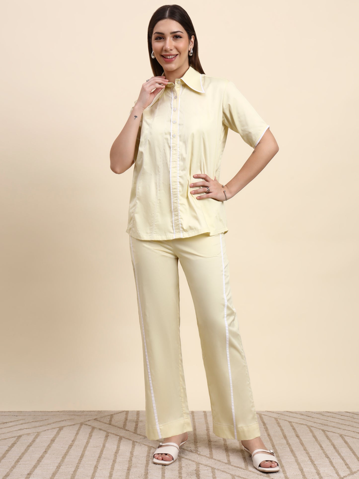 Ariya Threads Women’s Butter Yellow Contrast-Piping Shirt & Straight-Leg Pants Co-ord Set