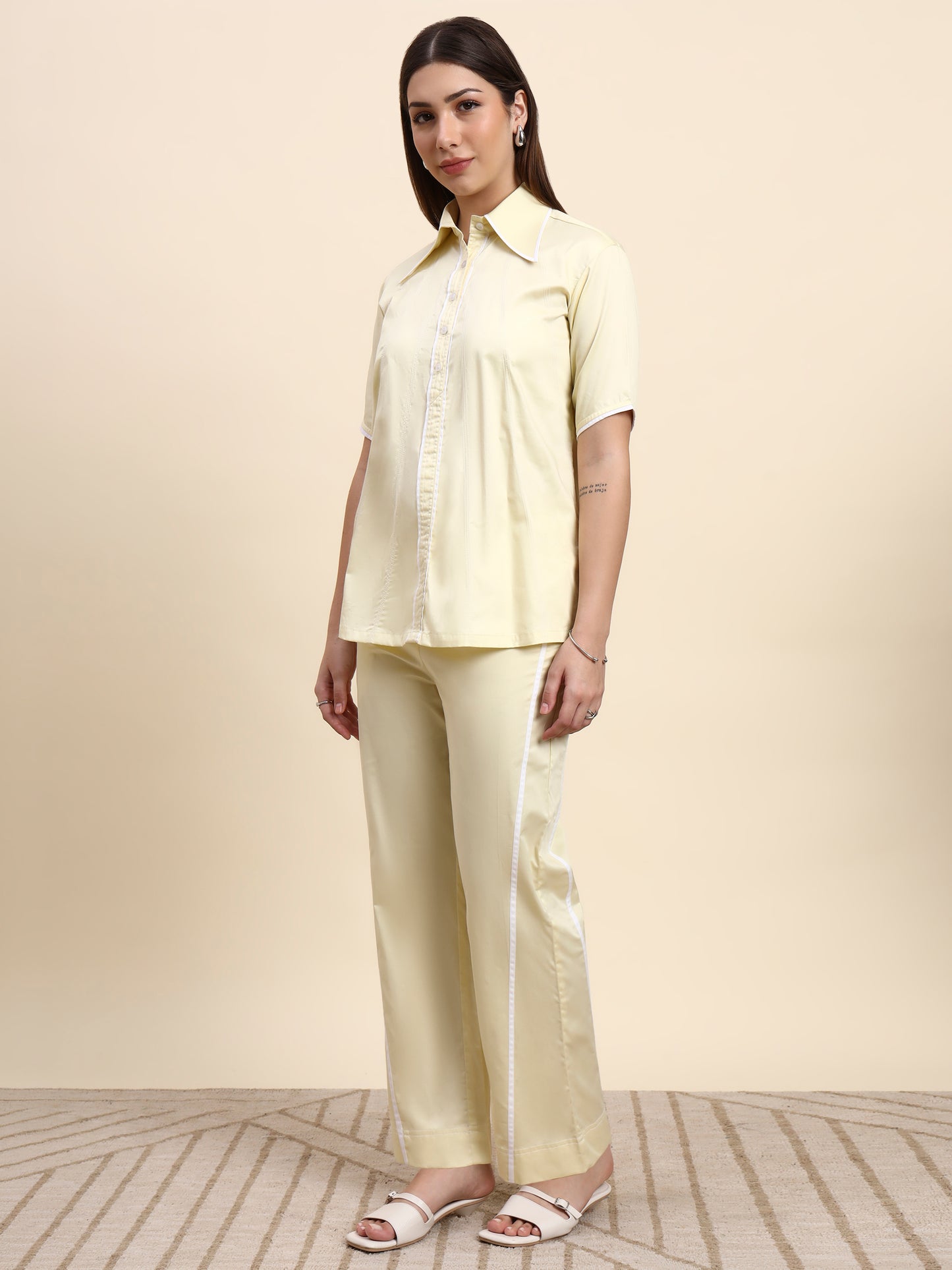 Ariya Threads Women’s Butter Yellow Contrast-Piping Shirt & Straight-Leg Pants Co-ord Set