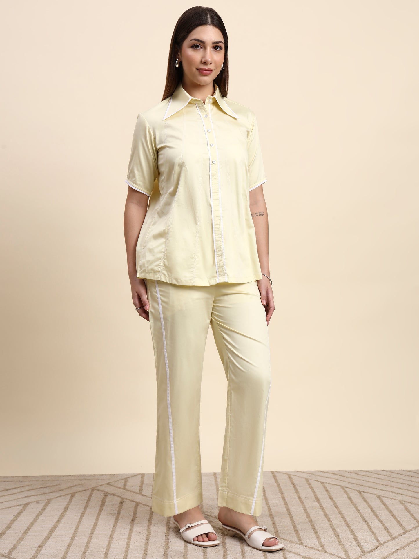 Ariya Threads Women’s Butter Yellow Contrast-Piping Shirt & Straight-Leg Pants Co-ord Set