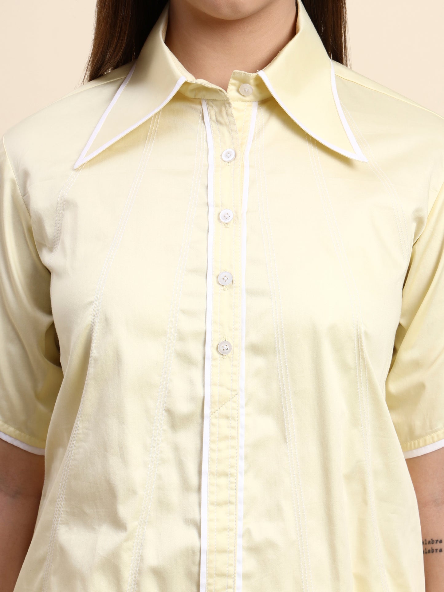 Ariya Threads Women’s Butter Yellow Contrast-Piping Shirt & Straight-Leg Pants Co-ord Set