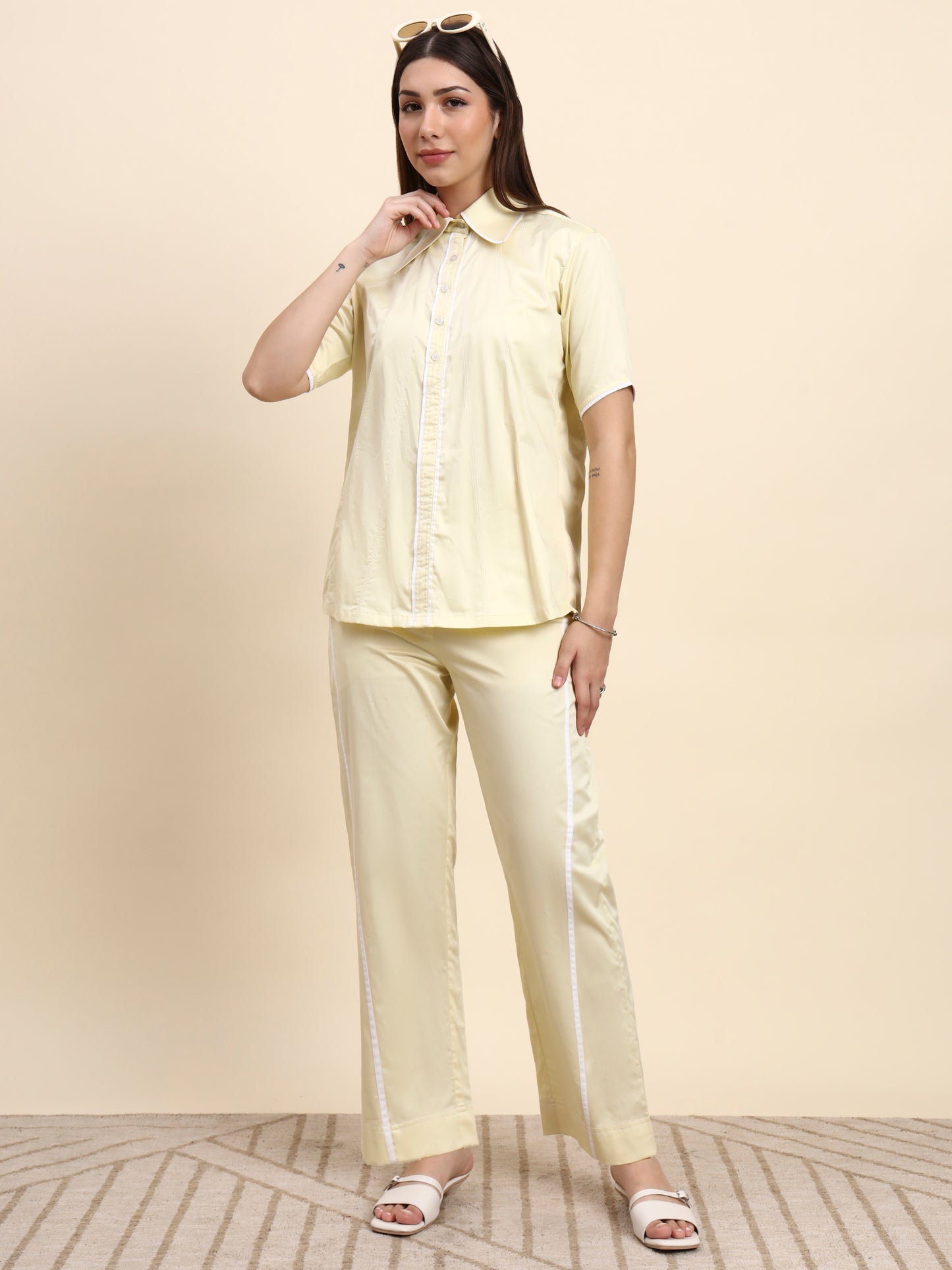 Ariya Threads Women’s Butter Yellow Contrast-Piping Shirt & Straight-Leg Pants Co-ord Set
