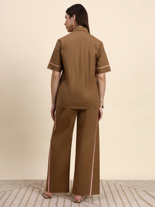 Ariya Threads Women’s Mocha Brown Contrast-Piping Shirt & Wide-Leg Pants Co-ord Set